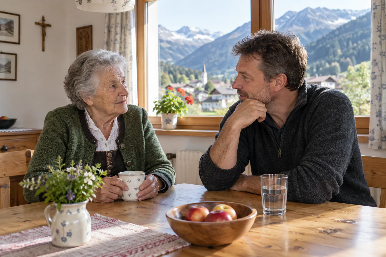 Ältere Frau und erwachsener Sohn sprechen am Küchentisch in einem Tiroler Haus